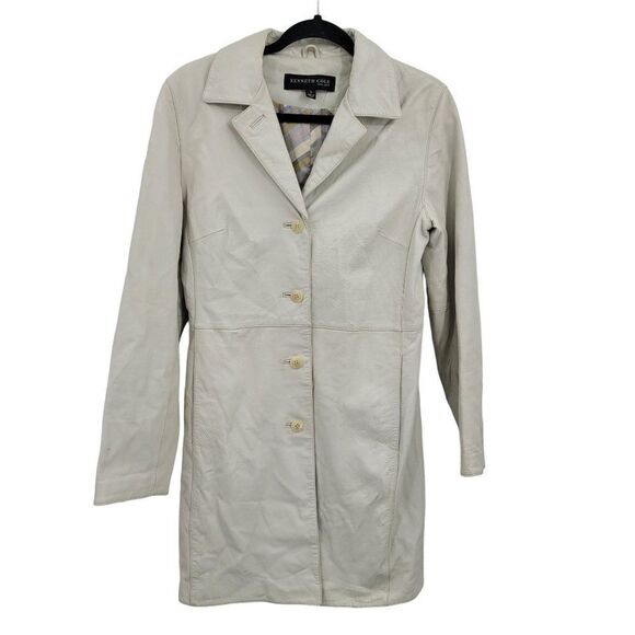 Kenneth Cole Leather Trench Coat Notch Collar Single Breasted Button Down Bone S - Picture 3 of 15